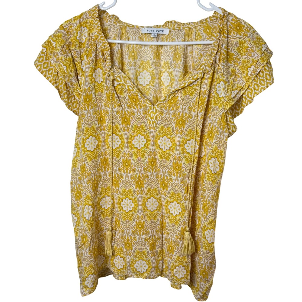 Rose + Olive Blouse Women M Yellow Medallion Flutter Sleeve Tassel Boho Peasant